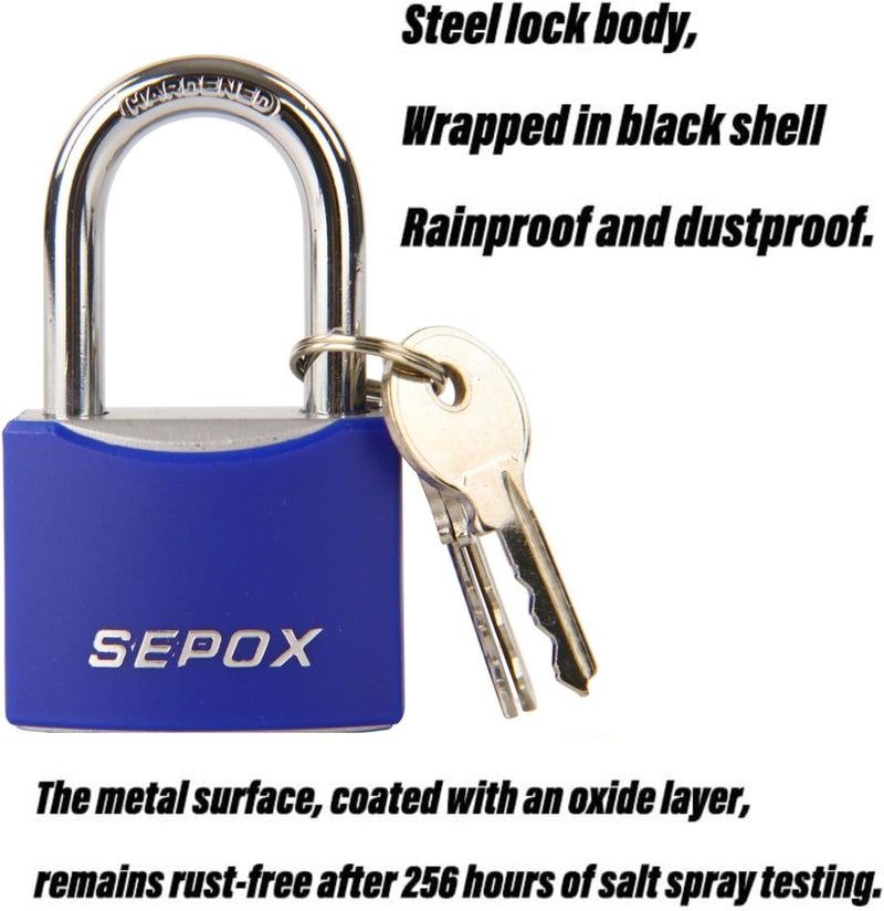 SEPOX ® 3 Pcs 2" Large Padlock All-Weather Outdoor Pad Locks Keyed Alike, Long Shackle, Solid Steel Lock, Heavy-Duty with Blue Cover, for Gate Fence Cabinet Toolbox School Gym Locker, 3pcs Same Key - Image 5